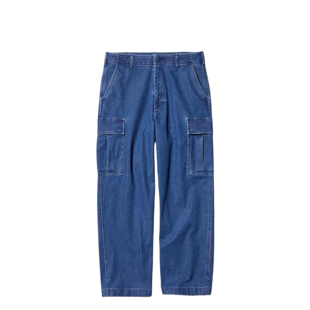 Uniqlo Wide Fit Denim Cargo Pants Mens Size L Drawstring‎ Stretch Streetwear